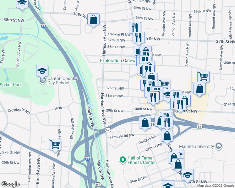 map of restaurants, bars, coffee shops, grocery stores, and more near 2007 31st Street Northwest in Canton