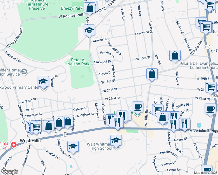 map of restaurants, bars, coffee shops, grocery stores, and more near 189 West 21st Street in Huntington Station