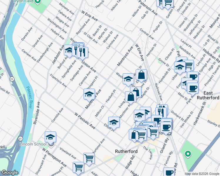 map of restaurants, bars, coffee shops, grocery stores, and more near 132 Hackett Place in Rutherford