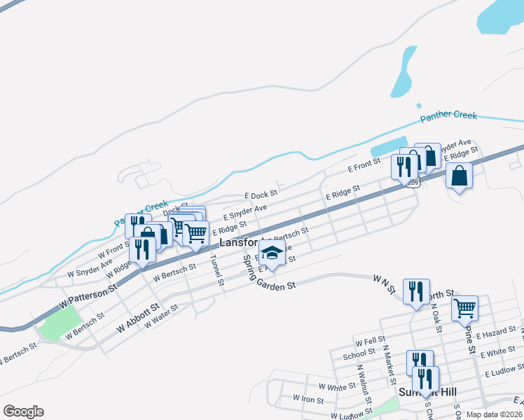 map of restaurants, bars, coffee shops, grocery stores, and more near 226 East Ridge Street in Lansford