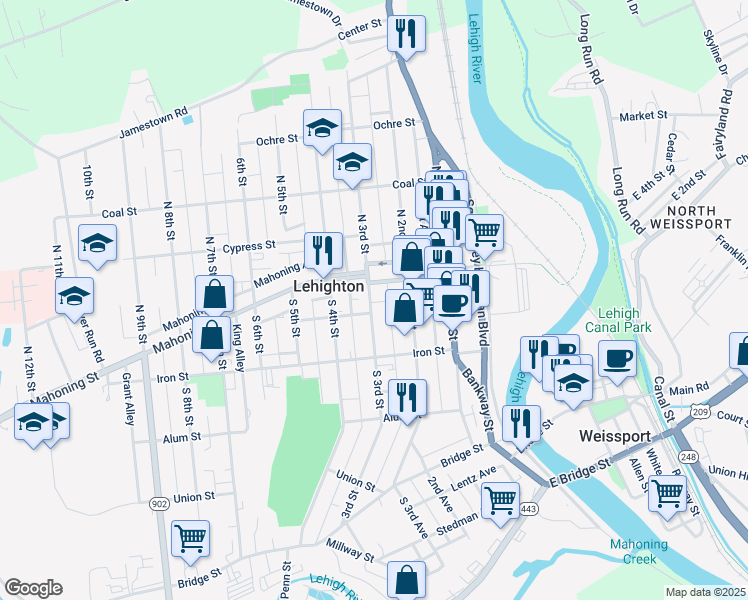 map of restaurants, bars, coffee shops, grocery stores, and more near 127 South 3rd Street in Lehighton