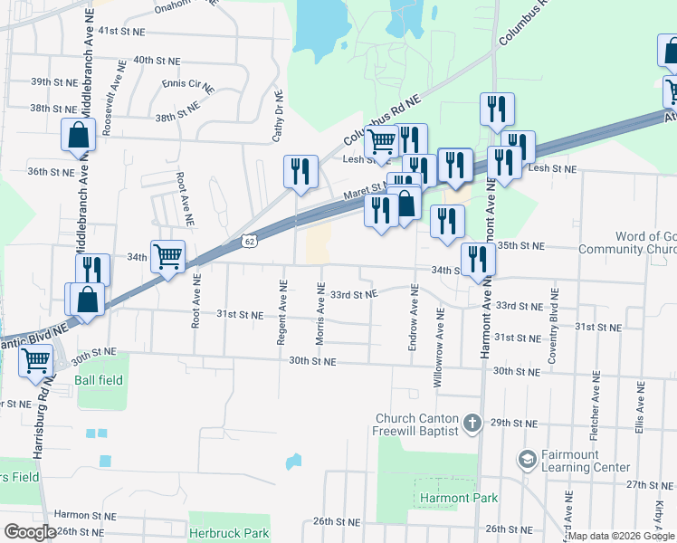 map of restaurants, bars, coffee shops, grocery stores, and more near 2802 34th Street Northeast in Canton