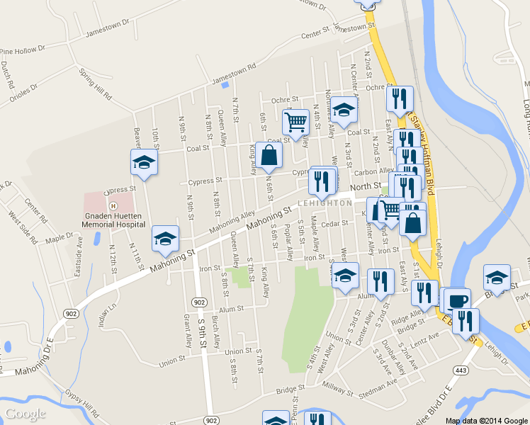 map of restaurants, bars, coffee shops, grocery stores, and more near 606 Mahoning Street in Lehighton