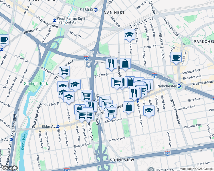 map of restaurants, bars, coffee shops, grocery stores, and more near 1328 Fteley Avenue in Bronx