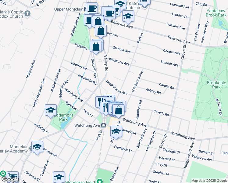 map of restaurants, bars, coffee shops, grocery stores, and more near 160 Gordonhurst Avenue in Montclair
