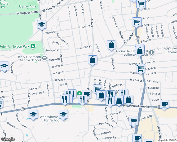 map of restaurants, bars, coffee shops, grocery stores, and more near 166 West Hills Road in Huntington Station