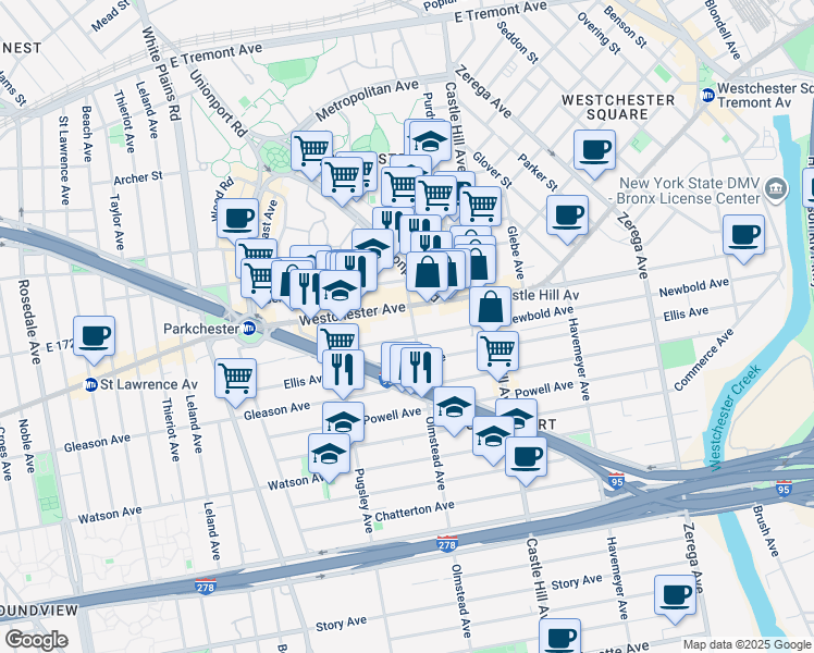 map of restaurants, bars, coffee shops, grocery stores, and more near 1265 Olmstead Avenue in The Bronx