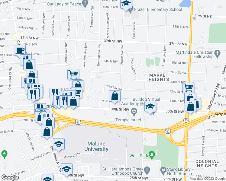 map of restaurants, bars, coffee shops, grocery stores, and more near 3140 Woodland Avenue Northwest in Canton