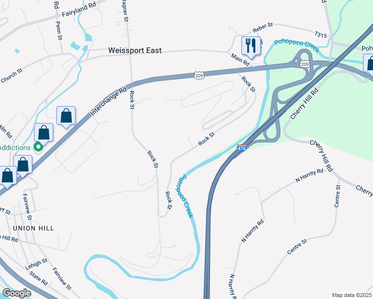 map of restaurants, bars, coffee shops, grocery stores, and more near 922 Rock Street in Lehighton