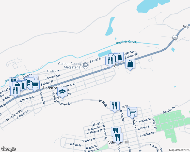 map of restaurants, bars, coffee shops, grocery stores, and more near 501 East Bertsch Street in Lansford