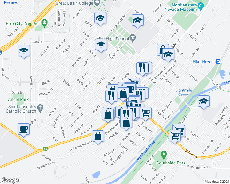 map of restaurants, bars, coffee shops, grocery stores, and more near 421 1/2 West Court Street in Elko