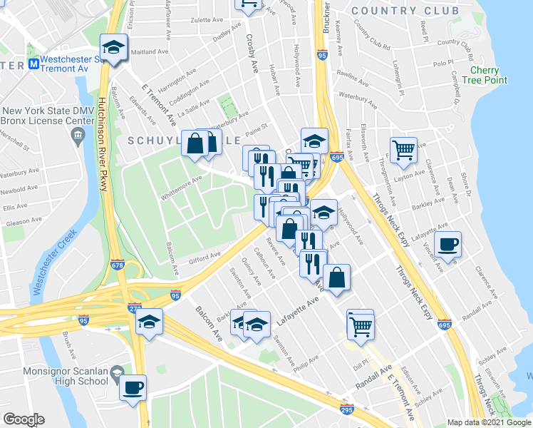 map of restaurants, bars, coffee shops, grocery stores, and more near in Bronx