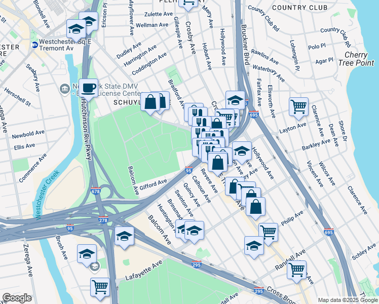 map of restaurants, bars, coffee shops, grocery stores, and more near 1130 Calhoun Avenue in Bronx