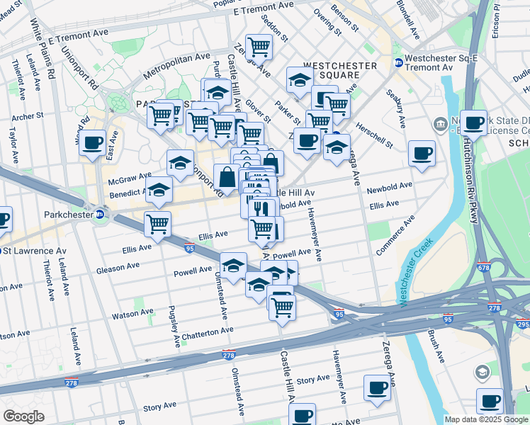 map of restaurants, bars, coffee shops, grocery stores, and more near 1236 Castle Hill Avenue in Bronx