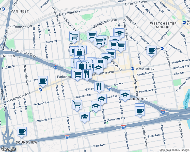 map of restaurants, bars, coffee shops, grocery stores, and more near 1980 Westchester Avenue in Bronx