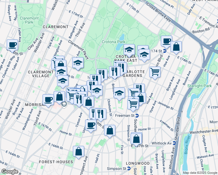 map of restaurants, bars, coffee shops, grocery stores, and more near 798 East 170th Street in The Bronx