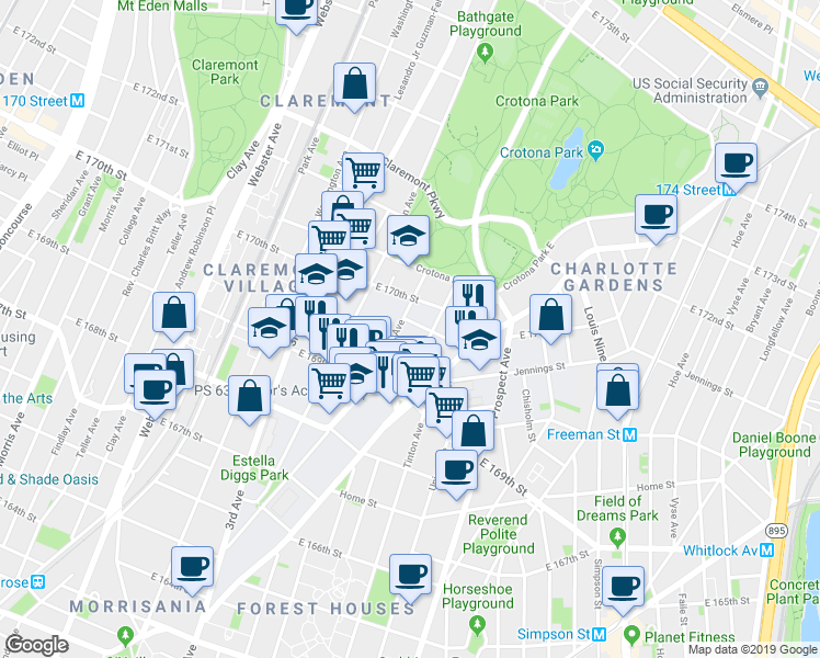 map of restaurants, bars, coffee shops, grocery stores, and more near 1362 Franklin Avenue in Bronx