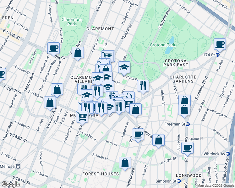 map of restaurants, bars, coffee shops, grocery stores, and more near 1344 Fulton Avenue in The Bronx