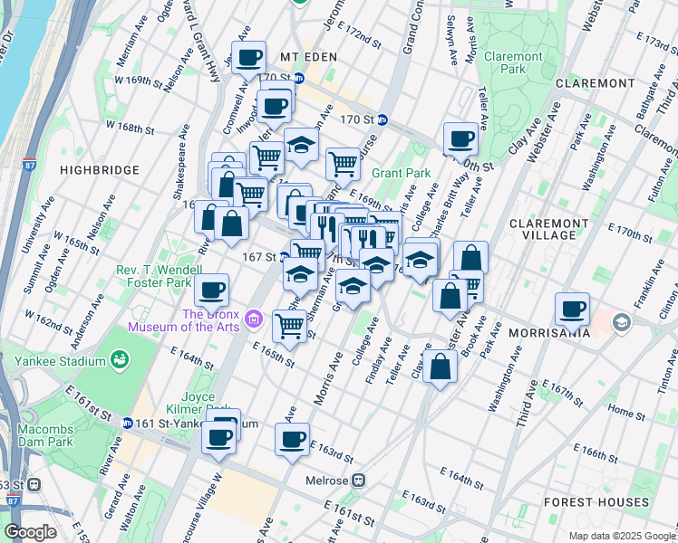 map of restaurants, bars, coffee shops, grocery stores, and more near 1179 Grant Avenue in Bronx