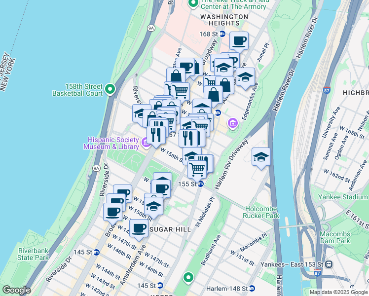 map of restaurants, bars, coffee shops, grocery stores, and more near 1963 Amsterdam Avenue in New York