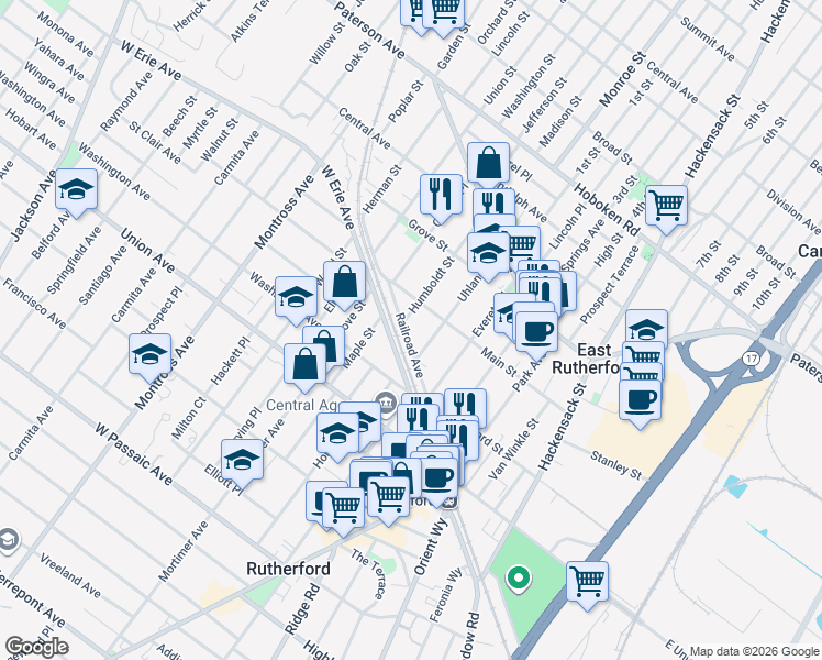 map of restaurants, bars, coffee shops, grocery stores, and more near 64 West Erie Avenue in Rutherford