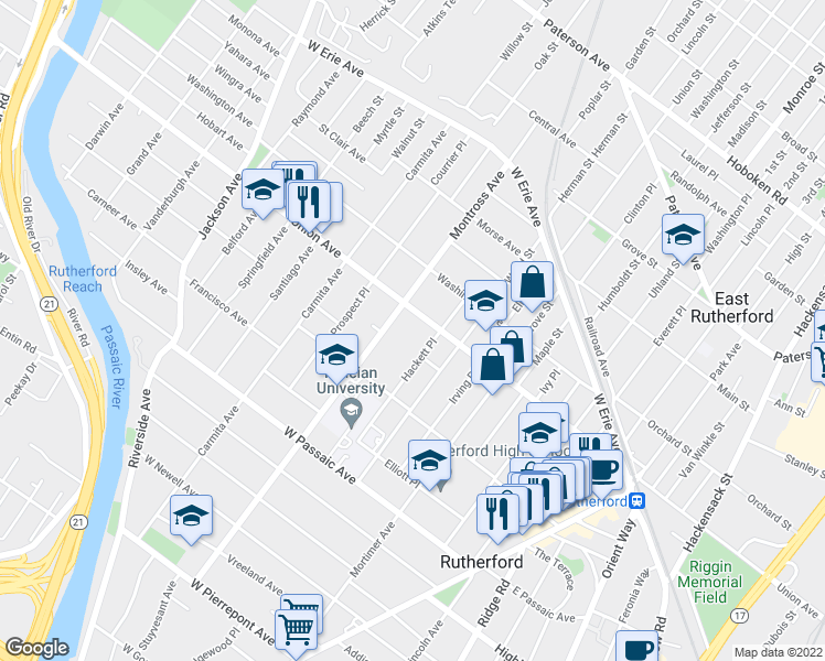 map of restaurants, bars, coffee shops, grocery stores, and more near 132 Hackett Place in Rutherford