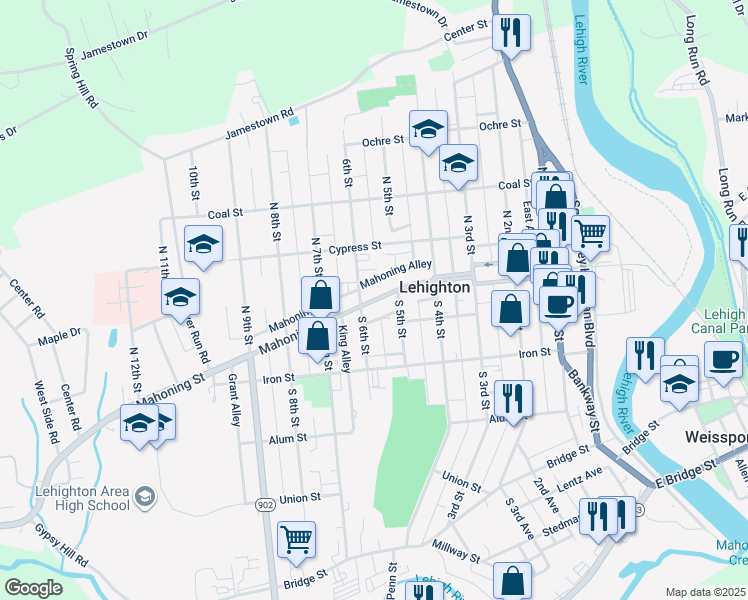 map of restaurants, bars, coffee shops, grocery stores, and more near 601 Mahoning Street in Lehighton