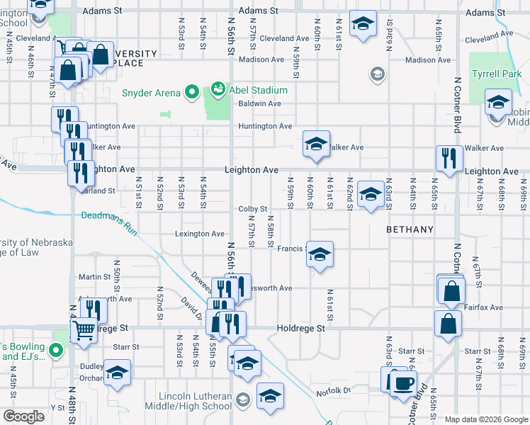 map of restaurants, bars, coffee shops, grocery stores, and more near 2027 North 58th Street in Lincoln
