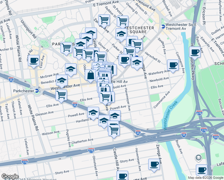 map of restaurants, bars, coffee shops, grocery stores, and more near 2247 Ellis Avenue in Bronx