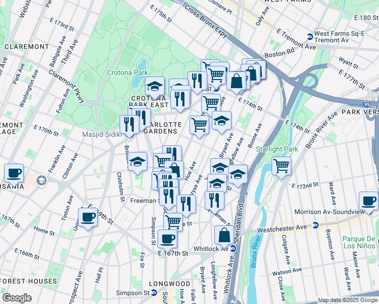 map of restaurants, bars, coffee shops, grocery stores, and more near 1490 Southern Boulevard in The Bronx