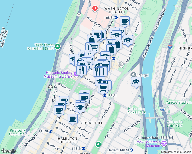map of restaurants, bars, coffee shops, grocery stores, and more near 1963 Amsterdam Avenue in New York