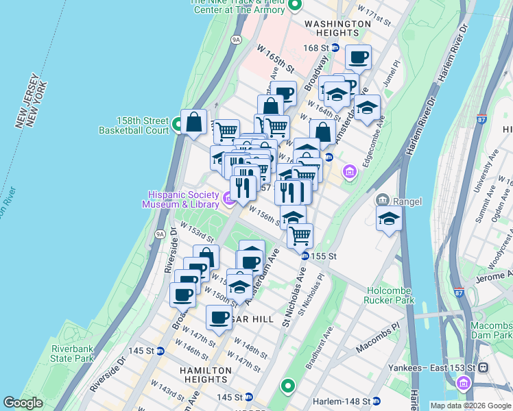 map of restaurants, bars, coffee shops, grocery stores, and more near 539 West 156th Street in New York