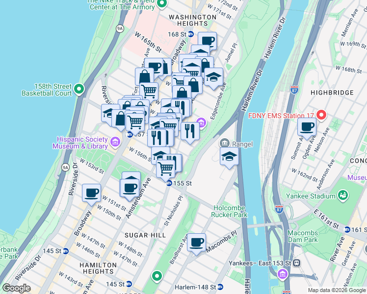 map of restaurants, bars, coffee shops, grocery stores, and more near 962 St Nicholas Ave in New York