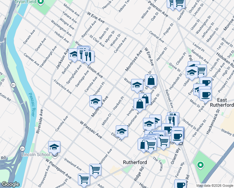 map of restaurants, bars, coffee shops, grocery stores, and more near 132 Hackett Place in Rutherford