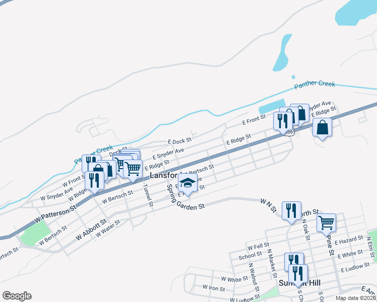 map of restaurants, bars, coffee shops, grocery stores, and more near 226 East Ridge Street in Lansford
