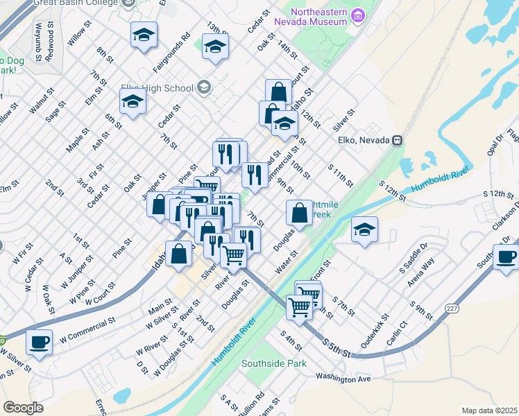 map of restaurants, bars, coffee shops, grocery stores, and more near 200-298 7th St in Elko