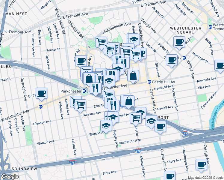 map of restaurants, bars, coffee shops, grocery stores, and more near 2001 Newbold Avenue in Bronx