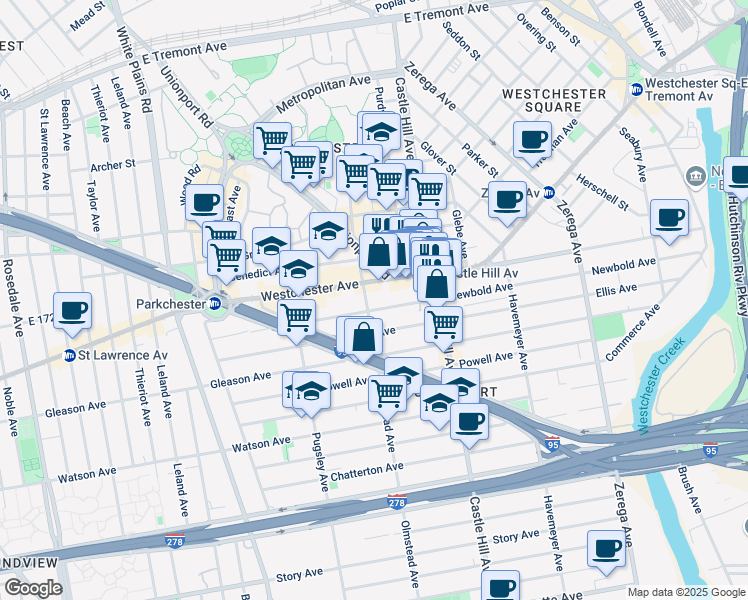 map of restaurants, bars, coffee shops, grocery stores, and more near 1266 Olmstead Avenue in Bronx