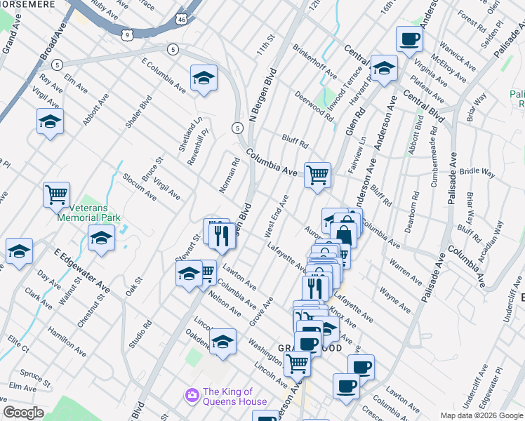 map of restaurants, bars, coffee shops, grocery stores, and more near 753 Kingsland Avenue in Ridgefield
