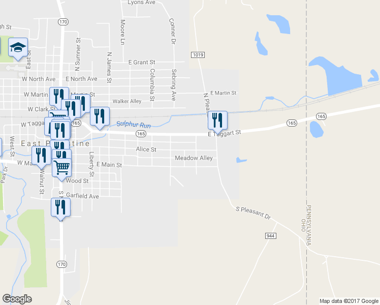 map of restaurants, bars, coffee shops, grocery stores, and more near 605 Alice Street in East Palestine