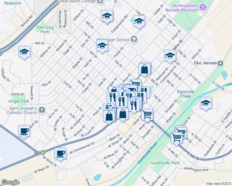 map of restaurants, bars, coffee shops, grocery stores, and more near 575 1/2 5th Street in Elko