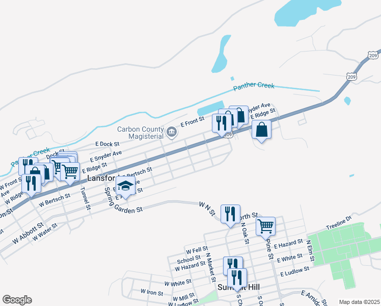 map of restaurants, bars, coffee shops, grocery stores, and more near 501 East Bertsch Street in Lansford