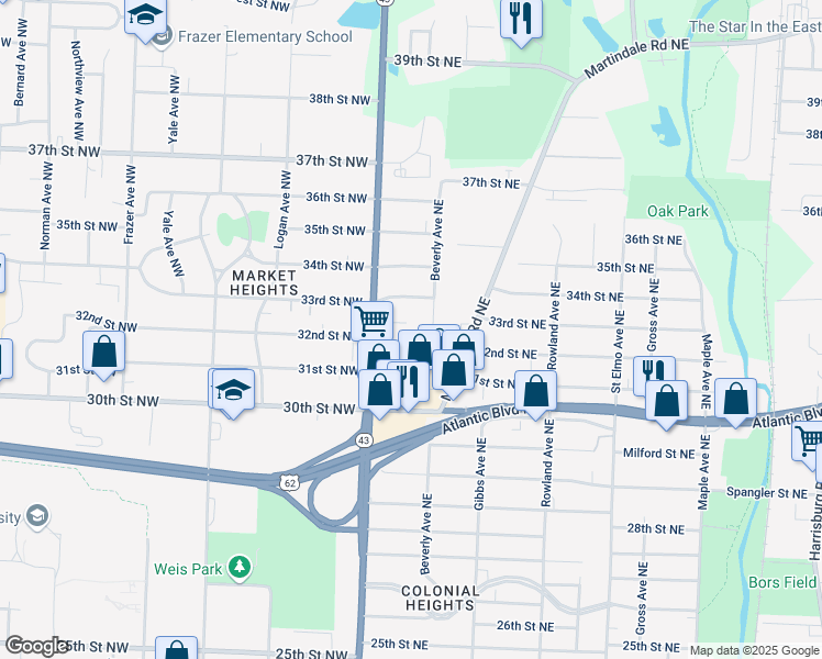 map of restaurants, bars, coffee shops, grocery stores, and more near 713 32nd Street Northeast in Canton