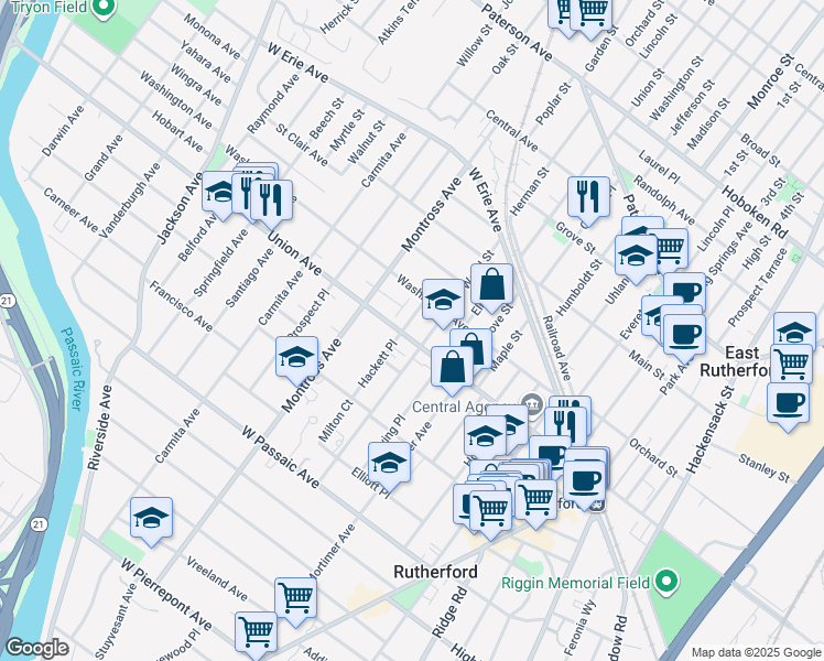 map of restaurants, bars, coffee shops, grocery stores, and more near 162 Union Avenue in Rutherford