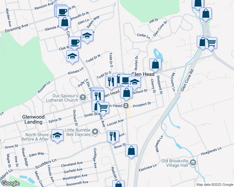 map of restaurants, bars, coffee shops, grocery stores, and more near 2 Oaklawn Avenue in Glen Head