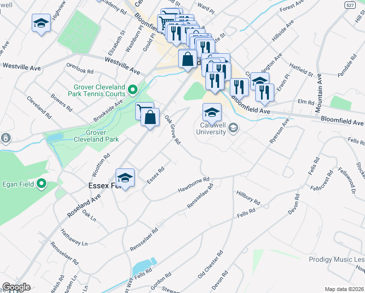 map of restaurants, bars, coffee shops, grocery stores, and more near 40 Oak Grove Road in Caldwell