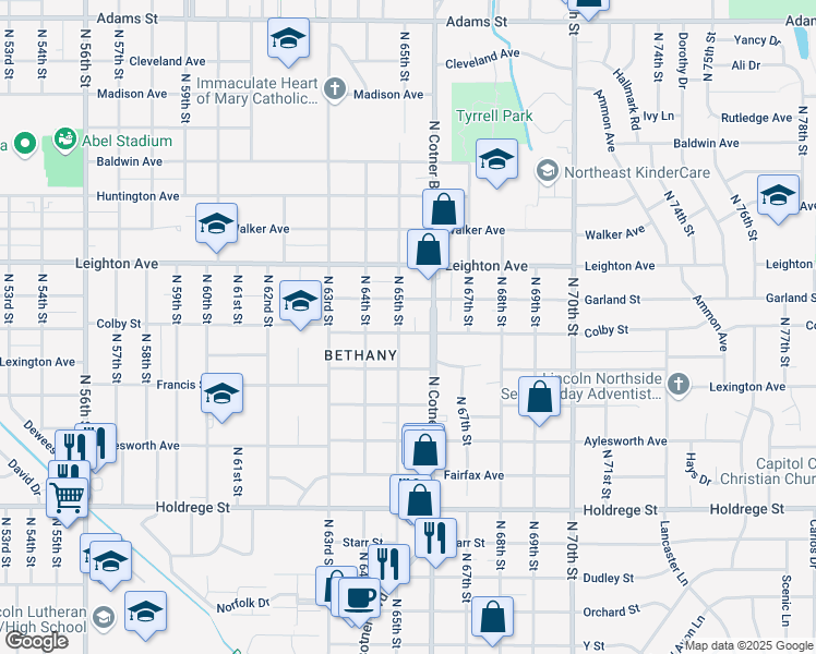 map of restaurants, bars, coffee shops, grocery stores, and more near 6510 Colby Street in Lincoln