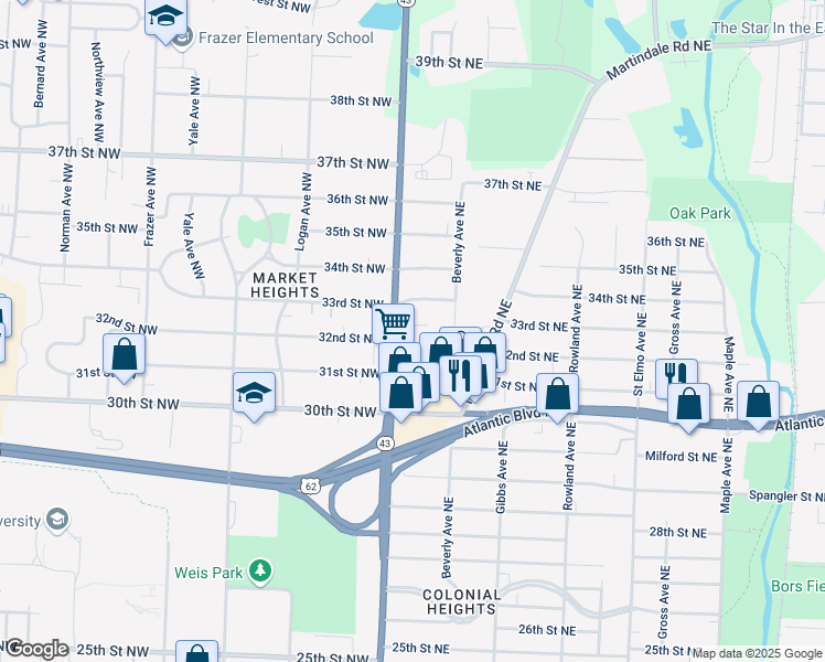 map of restaurants, bars, coffee shops, grocery stores, and more near 713 32nd Street Northeast in Canton