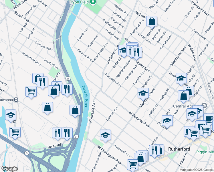 map of restaurants, bars, coffee shops, grocery stores, and more near 250 Springfield Avenue in Rutherford