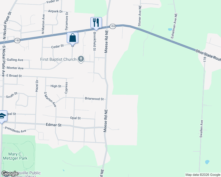 map of restaurants, bars, coffee shops, grocery stores, and more near 4234 Meese Road Northeast in Louisville
